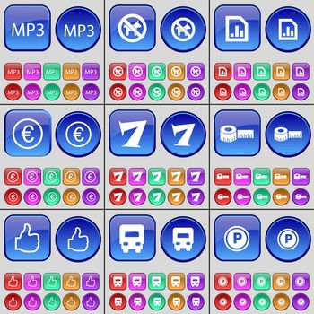 MP3, No pets allowed, Diagram, Euro, Seven, Tape measure, Like, Truck, Parking. A large set of multi-colored buttons. illustration