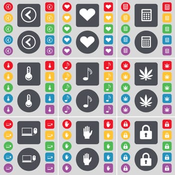 Arrow left, Heart, Calculator, Note, Marijuana, Laptop, Hand, Lock icon symbol. A large set of flat, colored buttons for your design. illustration