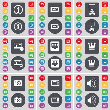 Information, Charging, Game console, Picture, LAN socket, Crown, Camera, Microwave, Sound icon symbol. A large set of flat, colored buttons for your design. illustration