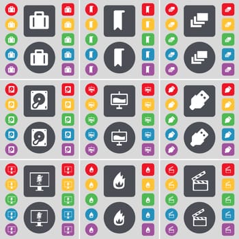 Suitcase, Marker, Gallery, Hard drive, Graph, USB, Monitor, Fire, Clapper icon symbol. A large set of flat, colored buttons for your design. illustration