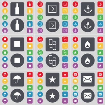 Bottle, Arrow right, Anchor, Media skip, Connetion, Fire, Umbrella, Star, Message icon symbol. A large set of flat, colored buttons for your design. illustration