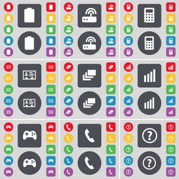 Battery, Router, Calculator, Contact, Gallery, Diagram, Gamepad, Receiver, Question mark icon symbol. A large set of flat, colored buttons for your design. illustration
