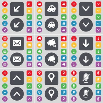 Deploying screen, Car, Arrow down, Message, CCTV, Arrow up, Checkpoint, Microphone icon symbol. A large set of flat, colored buttons for your design. illustration