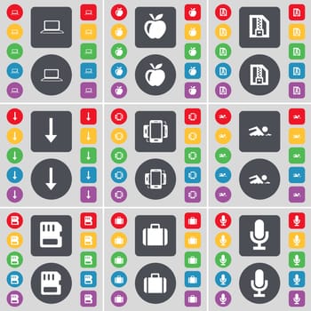 Laptop, Apple, ZIP card, Arrow down, Connection, Swimmer, SIM card, Suitcase, Microphone icon symbol. A large set of flat, colored buttons for your design. illustration