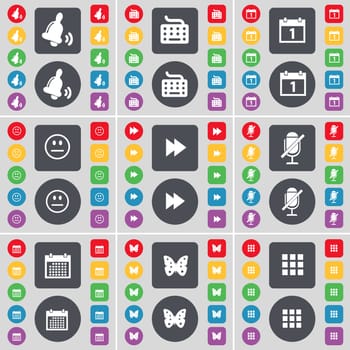 Bell, Keyboard, Calendar, Smile, Rewind, Microphone, Calendar, Butterfly, Apps icon symbol. A large set of flat, colored buttons for your design. illustration