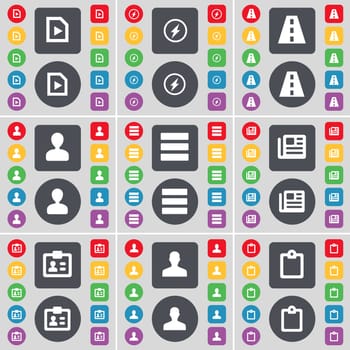 Media play, Flash, Road, Avatar, Apps, Newspaper, Contact, Avatar, Survey icon symbol. A large set of flat, colored buttons for your design. illustration