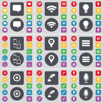 Chat bubble, Wi-Fi, Light bulb, Connection, Checkpoint, Apps, Plus, Ink pot, Microphone icon symbol. A large set of flat, colored buttons for your design. illustration