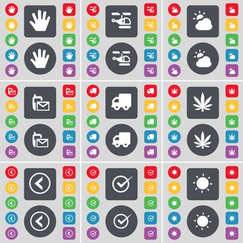 Hand, Helicopter, Cloud, SMS, Truck, Marijuana, Arrow left, Tick, Light icon symbol. A large set of flat, colored buttons for your design. illustration
