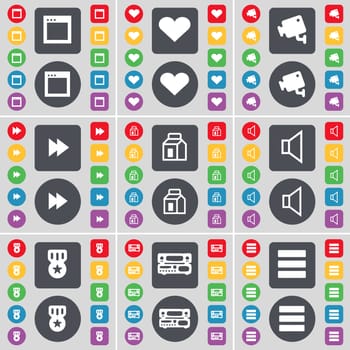 Window, Heart, CCTV, Rewind, Packing, Sound, Medal, Record-player, Apps icon symbol. A large set of flat, colored buttons for your design. illustration