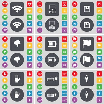 Wi-Fi, PC, Floppy, Dislike, Battery, Flag, Hand, Keyboard, Silhouette icon symbol. A large set of flat, colored buttons for your design. illustration