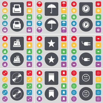 Printer, Umbrella, Parking, Cash register, Star, Socket, Disk, Marker, Smile icon symbol. A large set of flat, colored buttons for your design. illustration