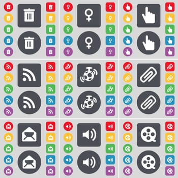 Trash can, Venus symbol, Hand, RSS, Speaker, Clip, Message, Sound, Videotape icon symbol. A large set of flat, colored buttons for your design. illustration