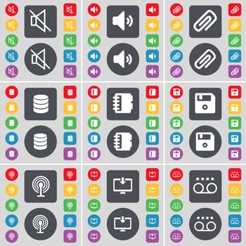 Mute, Sound, Clip, Database, Notebook, Floppy, Wi-Fi, Monitor, Cassette icon symbol. A large set of flat, colored buttons for your design. illustration