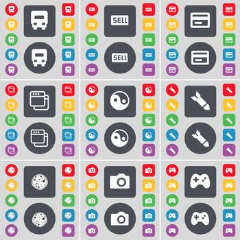 Truck, Sell, Credit card, Window, Yin-Yang, Rocket, Pizza, Camera, Gamepad icon symbol. A large set of flat, colored buttons for your design. illustration