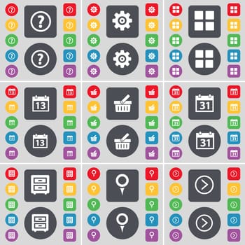 Question mark, Gear, Apps, Calendar, Basket, Calendar, Bed-table, Checkpoint, Arrow right icon symbol. A large set of flat, colored buttons for your design. illustration