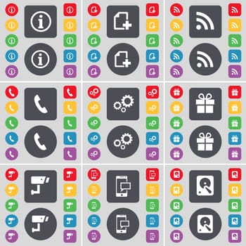Information, File, Wi-Fi, Receiver, Gear, Gift, CCTV, SMS, Hard drive icon symbol. A large set of flat, colored buttons for your design. illustration