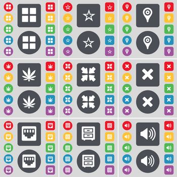 Apps, Star, Checkpoint, Marijuana, Deploying screen, Stop, LAN socket, Bed-table, Sound icon symbol. A large set of flat, colored buttons for your design. illustration