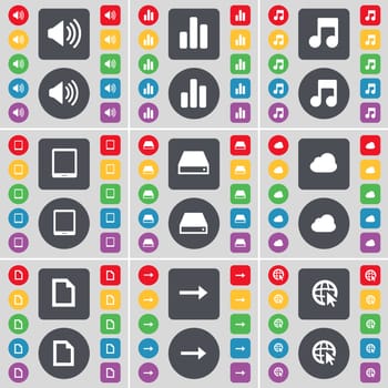 Sound, Diagram, Note, Tablet PC, Hard drive, Cloud, File, Arrow right, Web cursor icon symbol. A large set of flat, colored buttons for your design. illustration