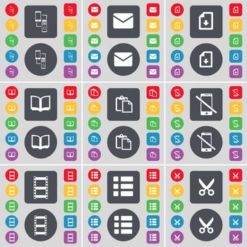 Connection, Message, Download file, Book, Survey, Smartphone, Negative films, List, Scissors icon symbol. A large set of flat, colored buttons for your design. illustration