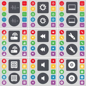 Pulse, Gear, Laptop, Router, Rewind, Rocket, Bed-table, Sound, Disk icon symbol. A large set of flat, colored buttons for your design. illustration