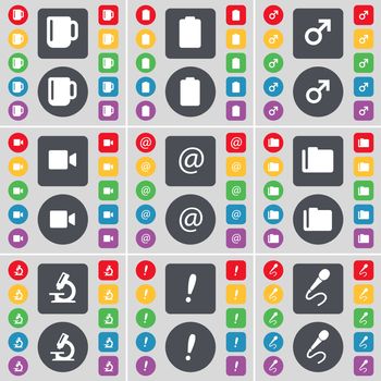Cup, Battery, Mars symbol, Film camera, Mail, Folder, Microscope, Exclamation, Microphone icon symbol. A large set of flat, colored buttons for your design. illustration