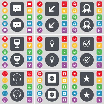 Chat bubble, Deploying screen, Medal, Wineglass, Checkpoint, Tick, Headphones, Socket, Star icon symbol. A large set of flat, colored buttons for your design. illustration