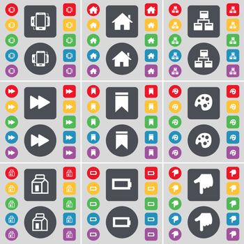 Smartphone, House, Network, Rewind, Marker, Palette, Parking, Battery, Hand icon symbol. A large set of flat, colored buttons for your design. illustration