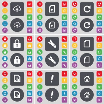 Cloud, Upload file, Reload, Lock, Rocket, File, Diagram file, Exclamation mark, House icon symbol. A large set of flat, colored buttons for your design. illustration
