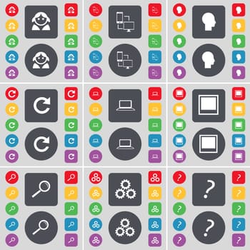 Avatar, Connection, Silhouette, Reload, Laptop, Window, Magnifying glass, Gear, Question mark icon symbol. A large set of flat, colored buttons for your design. illustration