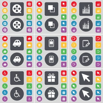 Videotape, Copy, Diagram, Car, Mobile phone, Notebook, Disabled person, Gift, Cursor icon symbol. A large set of flat, colored buttons for your design. illustration