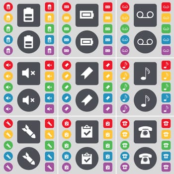 Battery, Cassette, Mute, Marker, Note, Rocket, Survey, Retro phone icon symbol. A large set of flat, colored buttons for your design. illustration