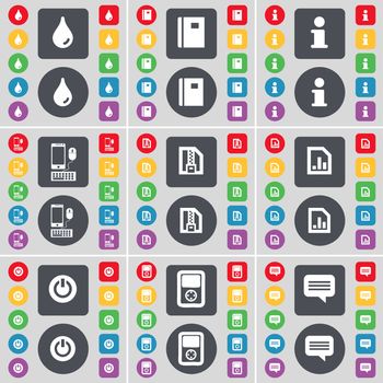 Drop, Notebook, Information, Smartphone, ZIP cart, Diagram file, Power, Player, Chat bubble icon symbol. A large set of flat, colored buttons for your design. illustration