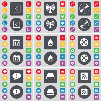 Arrow left, Wi-Fi, Disk, Calendar, Fire, Videotape, Chat bubble, Hard drive, RSS icon symbol. A large set of flat, colored buttons for your design. illustration