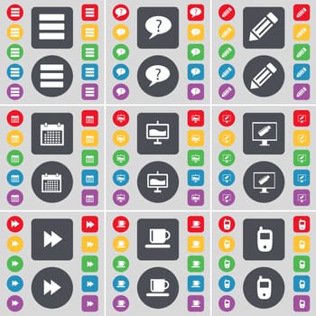Apps, Chat bubble, Pencil, Calendar, Graph, Monitor, Rewind, Cup, Mobile phone icon symbol. A large set of flat, colored buttons for your design. illustration