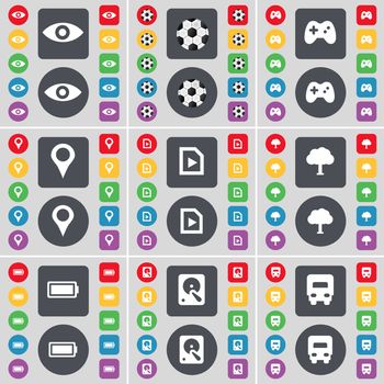 Vision, Ball, Gamepad, Checkpoint, Media file, Tree, Battery, Hard drive, Truck icon symbol. A large set of flat, colored buttons for your design. illustration