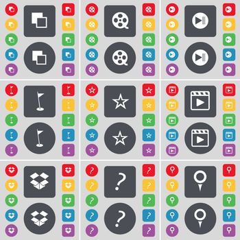 Copy, Videotape, Media skip, Golf hole, Star, Media player, Dropbox, Question mark, Checkpoint icon symbol. A large set of flat, colored buttons for your design. illustration