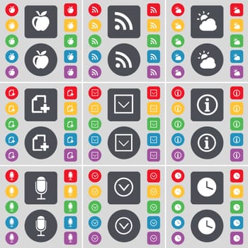 Apple, RSS, Cloud, File, Arrow down, Information, Microphone, Clock icon symbol. A large set of flat, colored buttons for your design. illustration