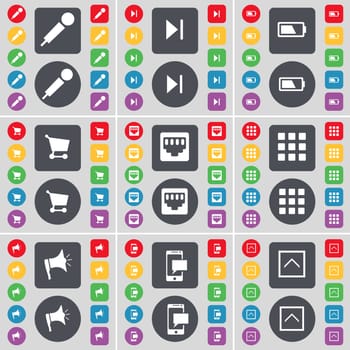 Microphone, Media skip, Battery, Shopping cart, LAN socket, Apps, Megaphone, SMS, Arrow up icon symbol. A large set of flat, colored buttons for your design. illustration