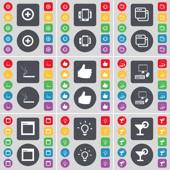 Plus, Smartphone, Window, Cigarette, Like, PC, Window, Light bulb, Cocktail icon symbol. A large set of flat, colored buttons for your design. illustration