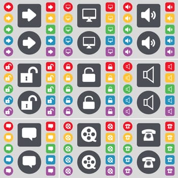 Arrow right, Monitor, Sound, Lock, Sound, Chat bubble, Videotape, Retro phone icon symbol. A large set of flat, colored buttons for your design. illustration