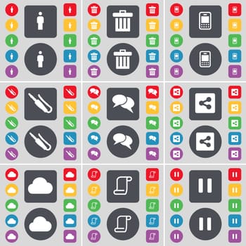 Silhouette, Trash can, Mobile phone, Microphone connector, Chat, Share, Cloud, Scroll, Pause icon symbol. A large set of flat, colored buttons for your design. illustration