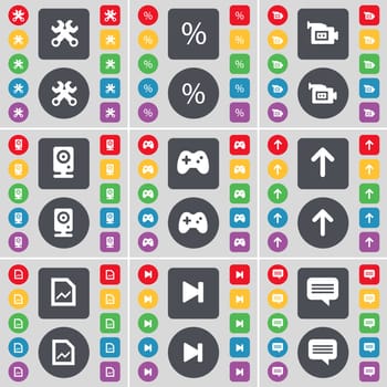 Wrench, Percent, Film camera, Speaker, Gamepad, Arrow up, Graph file, Media skip, Chat bubble icon symbol. A large set of flat, colored buttons for your design. illustration