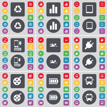 Recycling, Diagram, Tablet PC, Smartphone, Swimmer, Socket, Videotape, Battery, Bus icon symbol. A large set of flat, colored buttons for your design. illustration
