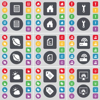 Calculator, House, Wrench, Planet, Text file, Router, Cloud, Tag, Monitor icon symbol. A large set of flat, colored buttons for your design. illustration