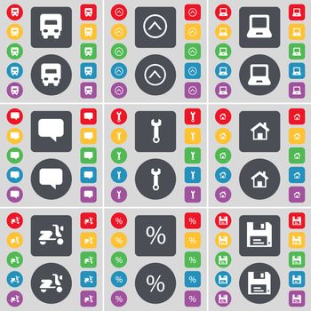 Truck, Arrow up, Laptop, Chat bubble, Wrench, House, Scooter, Percent, Floppy icon symbol. A large set of flat, colored buttons for your design. illustration
