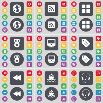 Earth, RSS, Apps, Medal, Monitor, Tag, Rewind, Ship, Headphones icon symbol. A large set of flat, colored buttons for your design. illustration