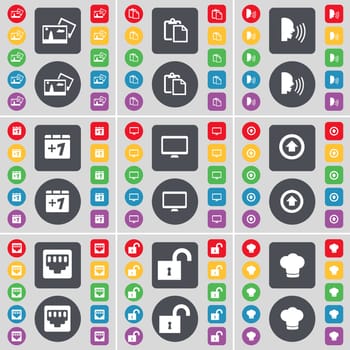 Picture, Survey, Talk, Plus one, Monitor, Arrow up, LAN socket, Lock, Cooking hat icon symbol. A large set of flat, colored buttons for your design. illustration