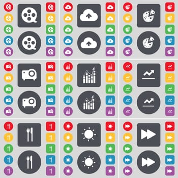 Videotape, Cloud, Pizza, Camera, Graph, Fork and knife, Light, Rewind icon symbol. A large set of flat, colored buttons for your design. illustration