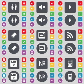 Silhouette, Mute, Media play, Marker, Window, RSS, Floppy, Number, Mobile phone icon symbol. A large set of flat, colored buttons for your design. illustration