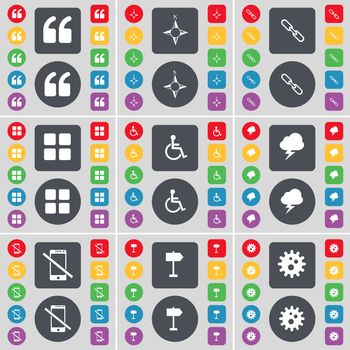 Quotation mark, Compass, Link, Apps, Disabled person, Lightning, Smartphone, Signpost, Gear icon symbol. A large set of flat, colored buttons for your design. illustration